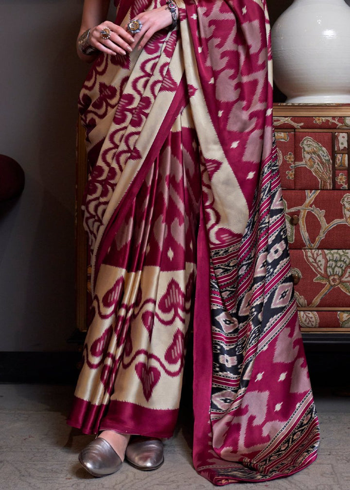 Pink & Cream Satin Crepe Saree with Traditional Patola Print - House of Sarvati LLC