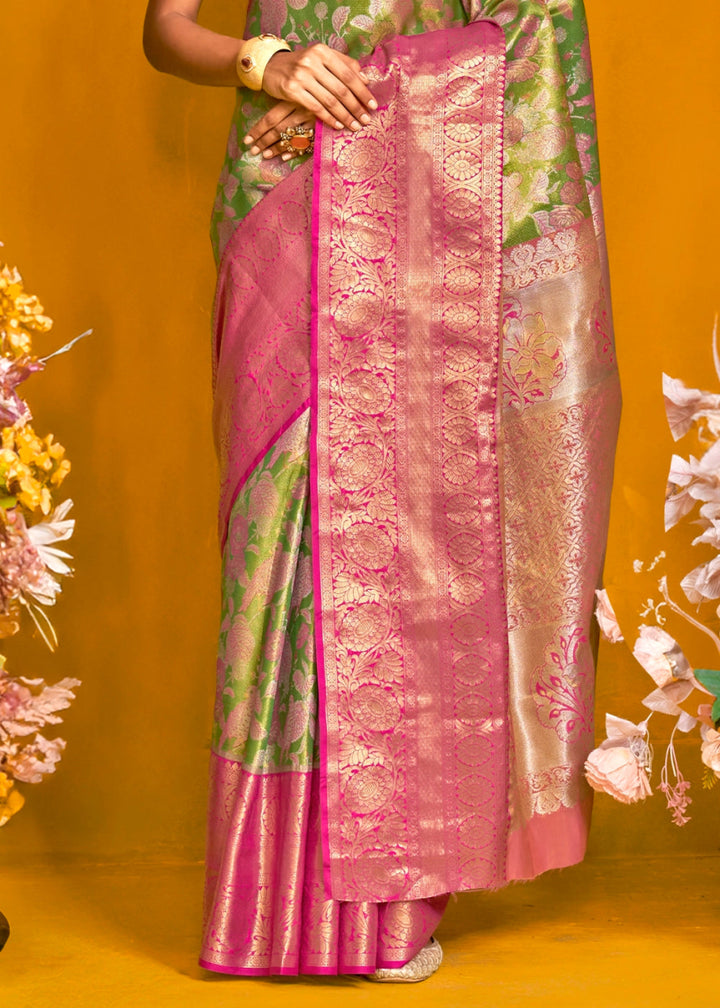 Pink & Green Handloom Woven Kanjivaram Silk Saree with Zari Work - House of Sarvati LLC