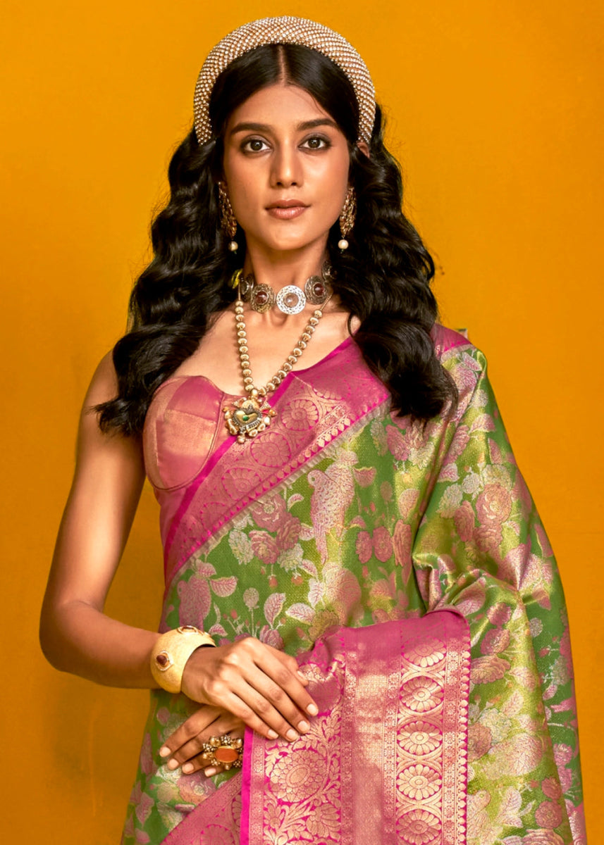 Pink & Green Handloom Woven Kanjivaram Silk Saree with Zari Work - House of Sarvati LLC