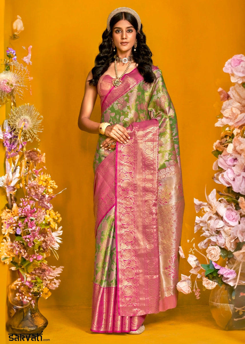 Pink & Green Handloom Woven Kanjivaram Silk Saree with Zari Work - House of Sarvati LLC