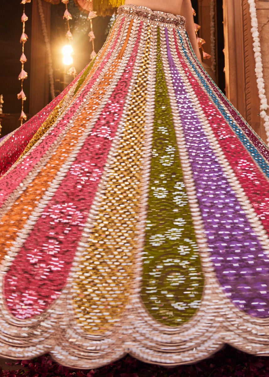 Pink & Green Net Lehenga Choli with Embroidery and Sparkling Sequins Work - House of Sarvati LLC