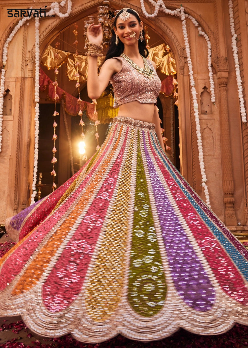 Pink & Green Net Lehenga Choli with Embroidery and Sparkling Sequins Work - House of Sarvati LLC