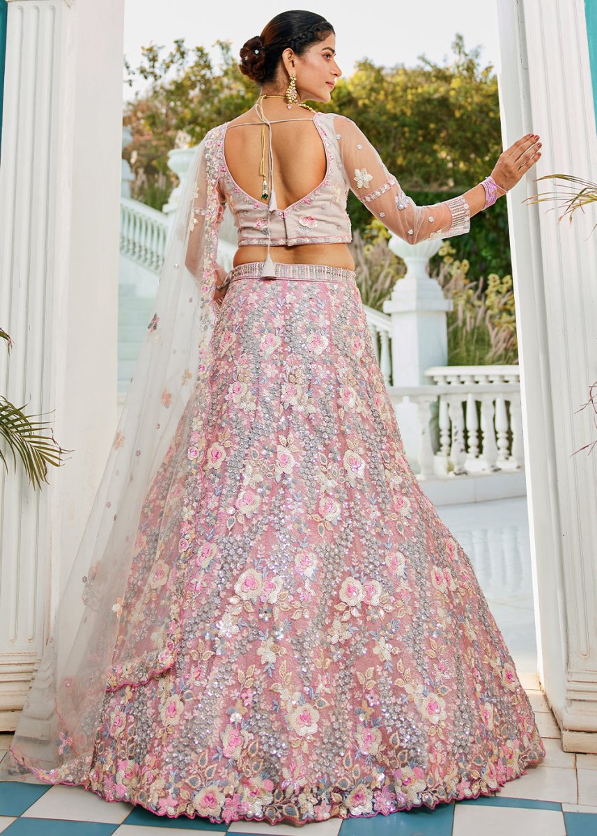 Pink & Grey Net Lehenga Choli with Sparkling Sequins & Zarkan Work - House of Sarvati LLC