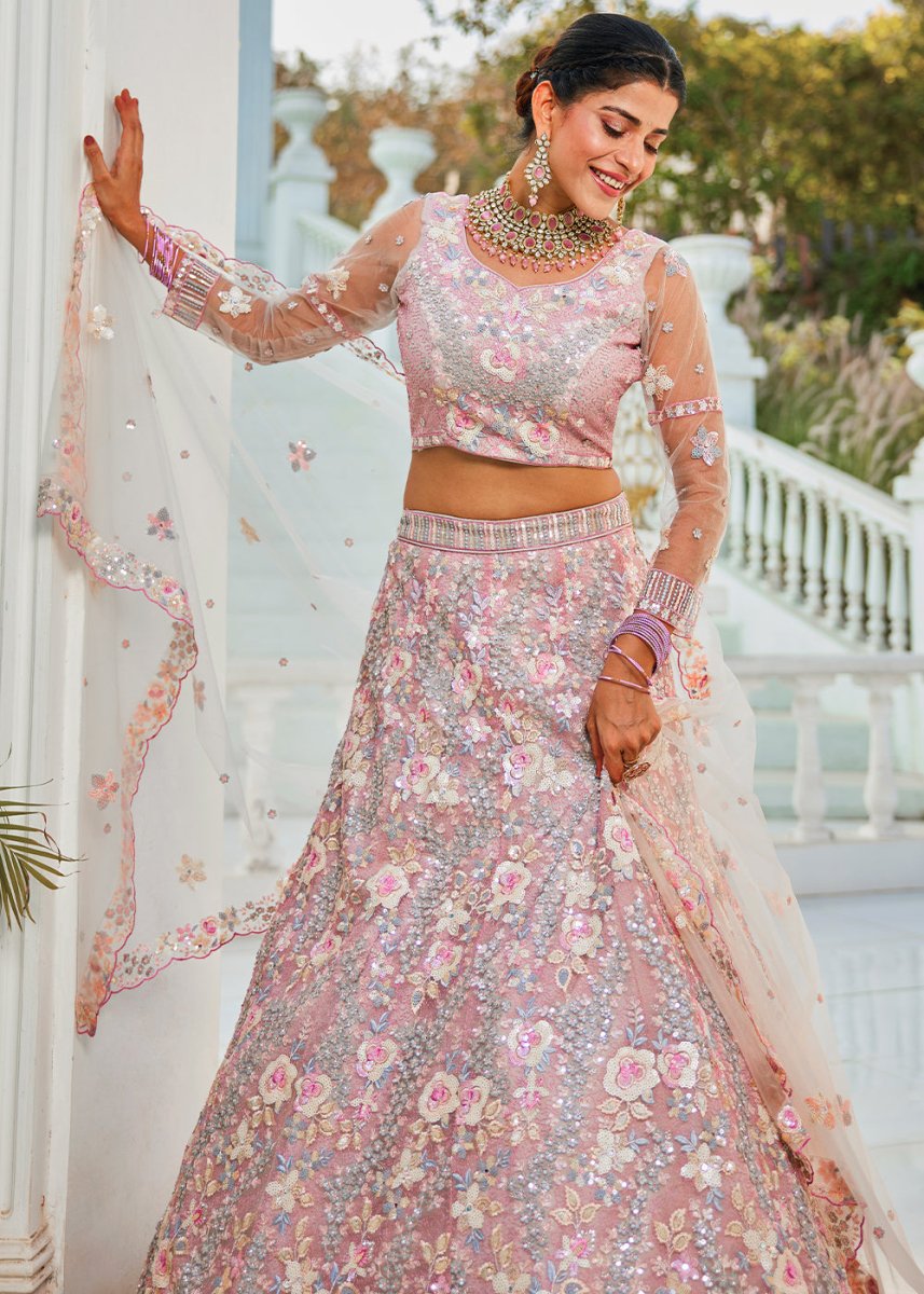 Pink & Grey Net Lehenga Choli with Sparkling Sequins & Zarkan Work - House of Sarvati LLC