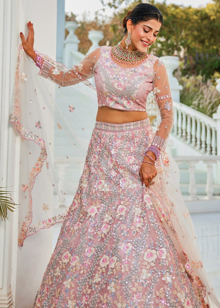 Pink & Grey Net Lehenga Choli with Sparkling Sequins & Zarkan Work - House of Sarvati LLC