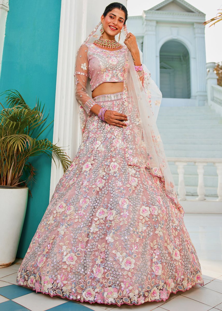 Pink & Grey Net Lehenga Choli with Sparkling Sequins & Zarkan Work - House of Sarvati LLC