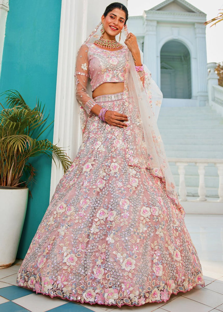 Pink & Grey Net Lehenga Choli with Sparkling Sequins & Zarkan Work - House of Sarvati LLC