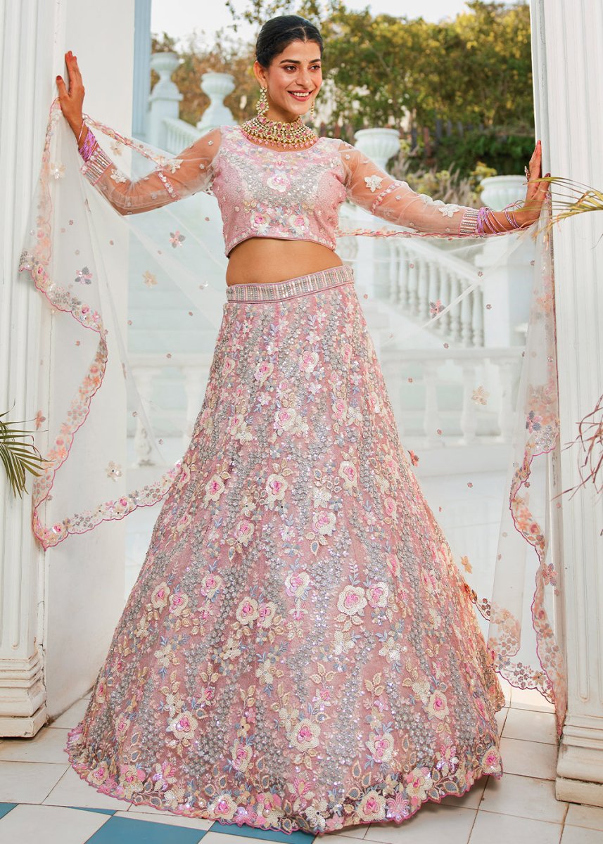 Pink & Grey Net Lehenga Choli with Sparkling Sequins & Zarkan Work - House of Sarvati LLC