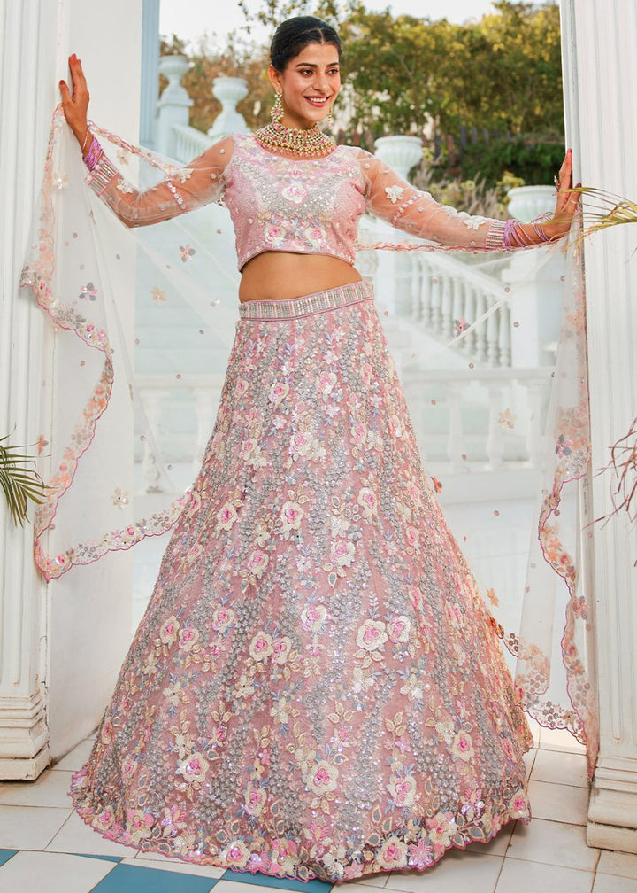 Pink & Grey Net Lehenga Choli with Sparkling Sequins & Zarkan Work - House of Sarvati LLC