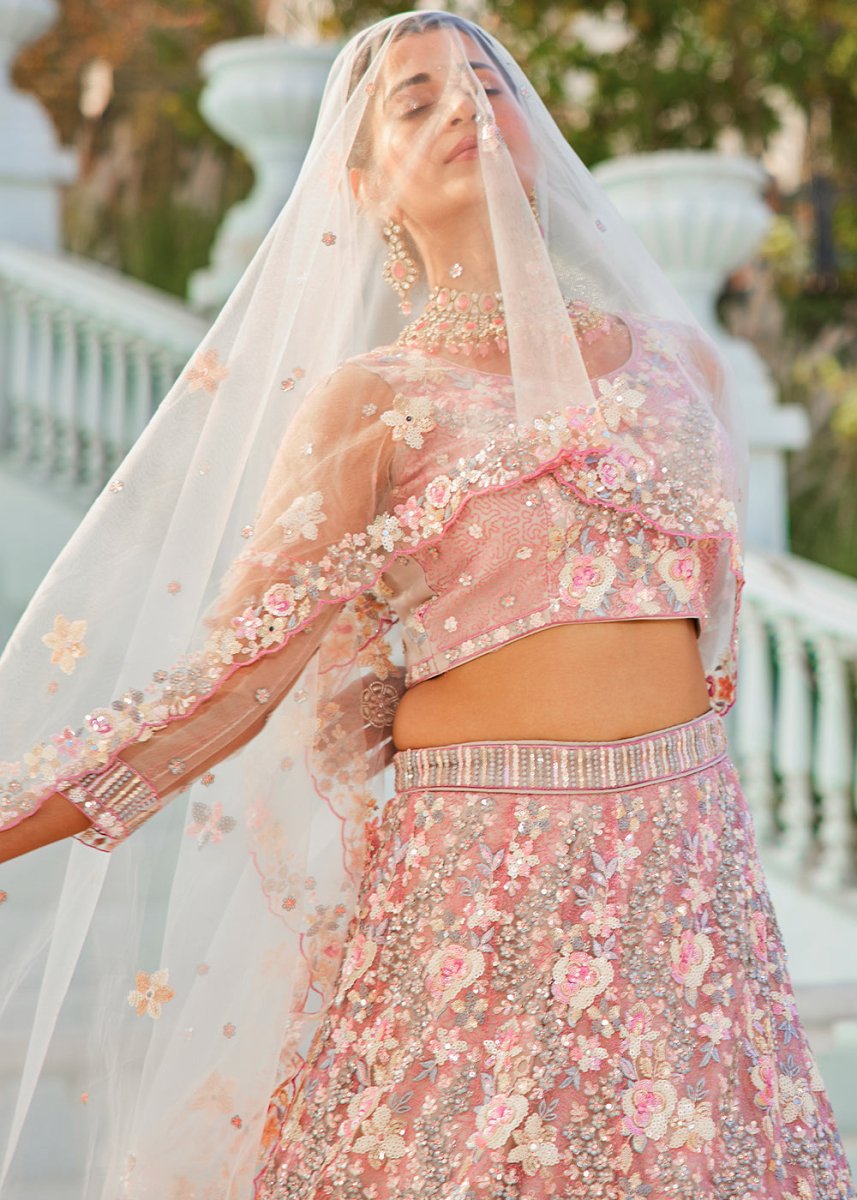 Pink & Grey Net Lehenga Choli with Sparkling Sequins & Zarkan Work - House of Sarvati LLC