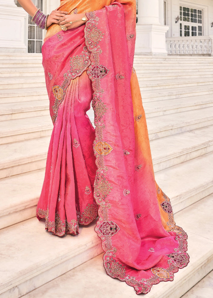 Pink & Orange Jacquard Crepe Silk Saree with Intricate Zari, Moti & Cut - Dana Mirror Detailing - House of Sarvati LLC
