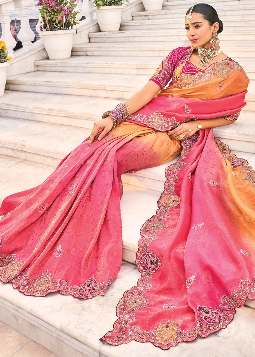 Pink & Orange Jacquard Crepe Silk Saree with Intricate Zari, Moti & Cut - Dana Mirror Detailing - House of Sarvati LLC
