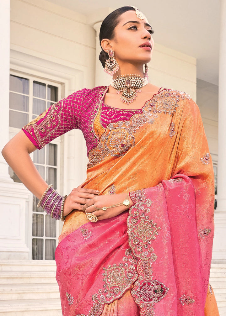 Pink & Orange Jacquard Crepe Silk Saree with Intricate Zari, Moti & Cut - Dana Mirror Detailing - House of Sarvati LLC