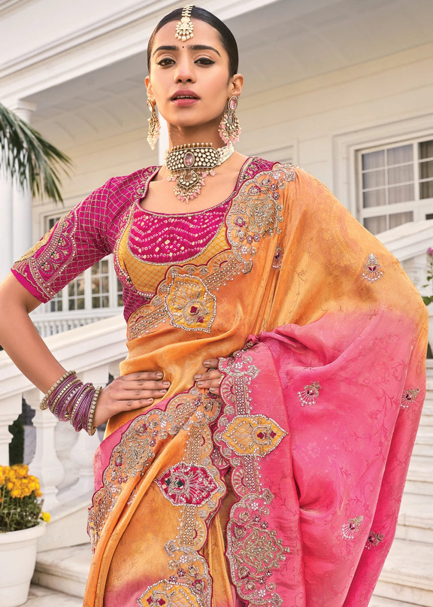 Pink & Orange Jacquard Crepe Silk Saree with Intricate Zari, Moti & Cut - Dana Mirror Detailing - House of Sarvati LLC