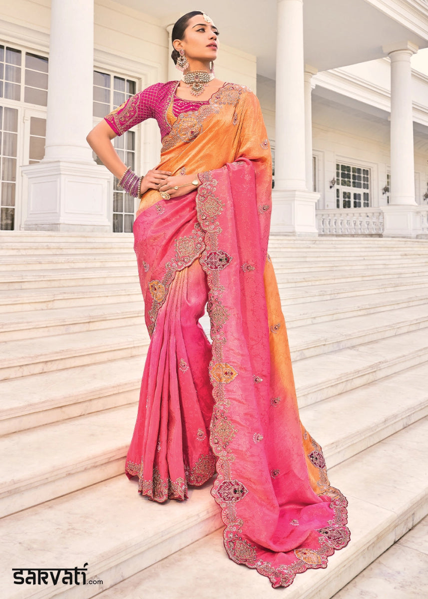 Pink & Orange Jacquard Crepe Silk Saree with Intricate Zari, Moti & Cut - Dana Mirror Detailing - House of Sarvati LLC