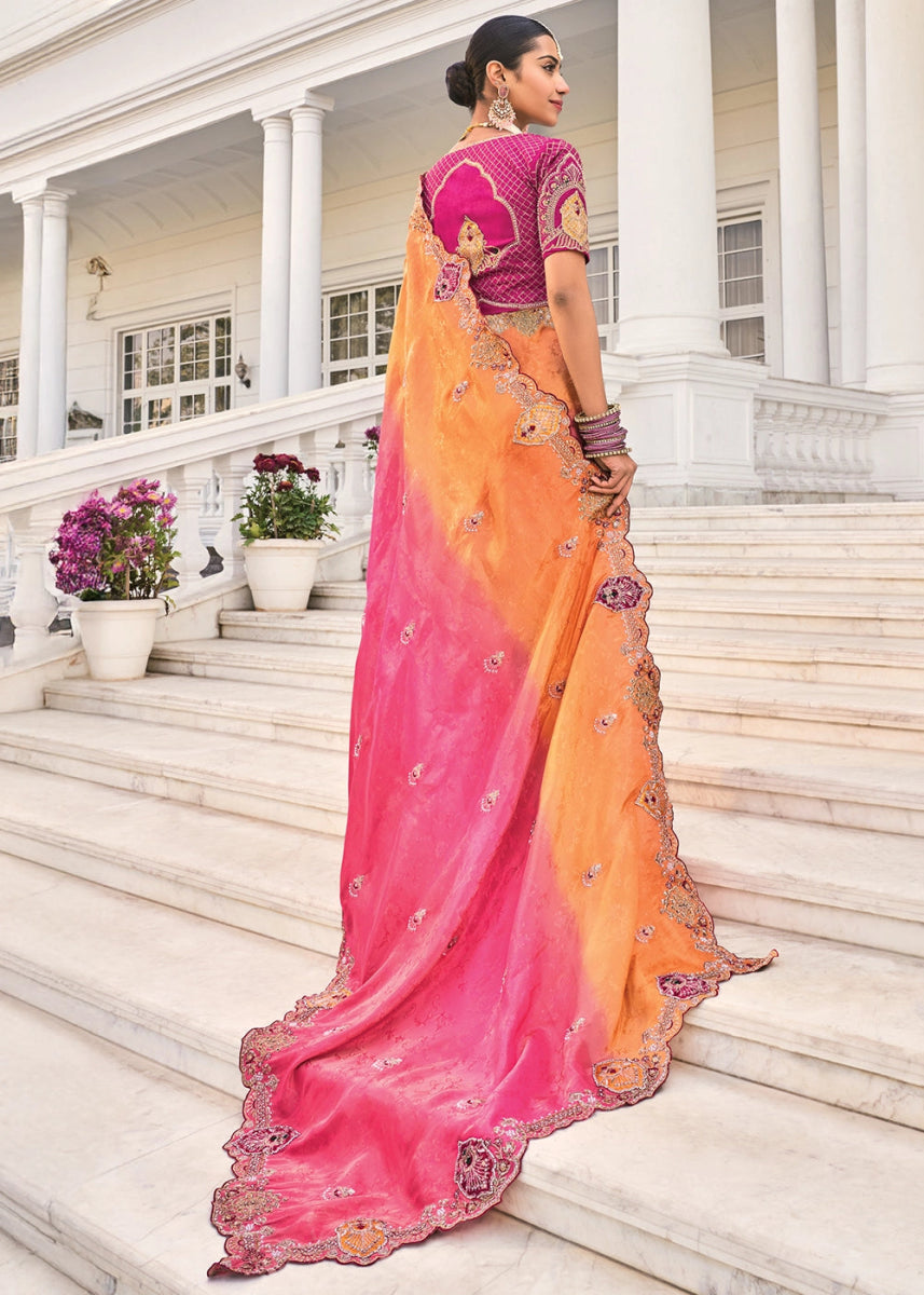 Pink & Orange Jacquard Crepe Silk Saree with Intricate Zari, Moti & Cut - Dana Mirror Detailing - House of Sarvati LLC