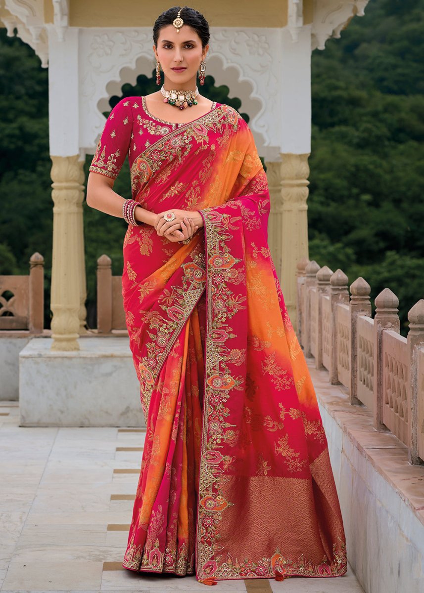 Pink & Orange Viscose Silk Saree with Intricate Cutwork & Embroidery - House of Sarvati LLC