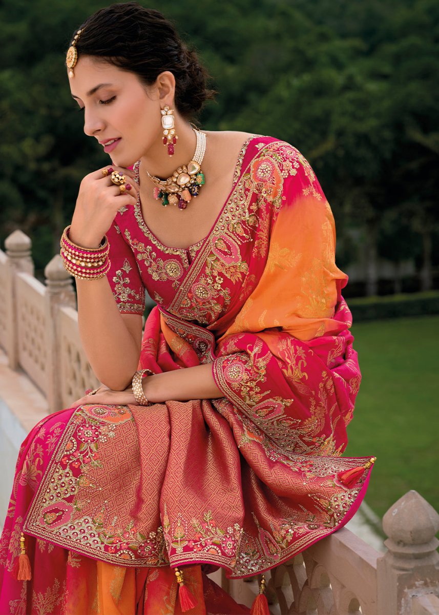 Pink & Orange Viscose Silk Saree with Intricate Cutwork & Embroidery - House of Sarvati LLC