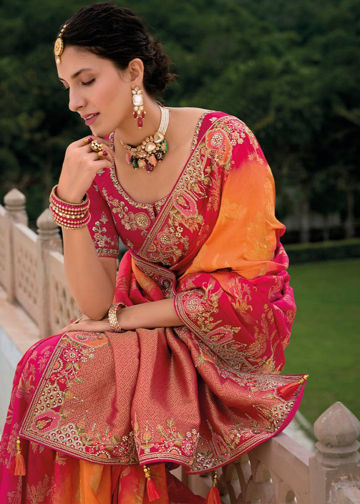 Pink & Orange Viscose Silk Saree with Intricate Cutwork & Embroidery - House of Sarvati LLC