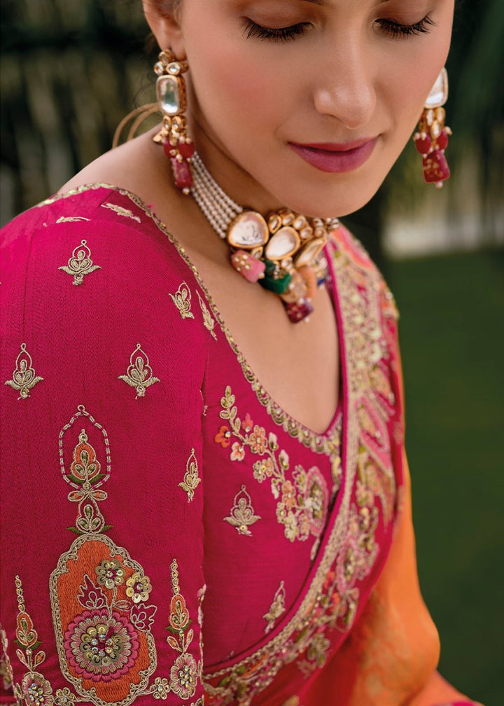 Pink & Orange Viscose Silk Saree with Intricate Cutwork & Embroidery - House of Sarvati LLC