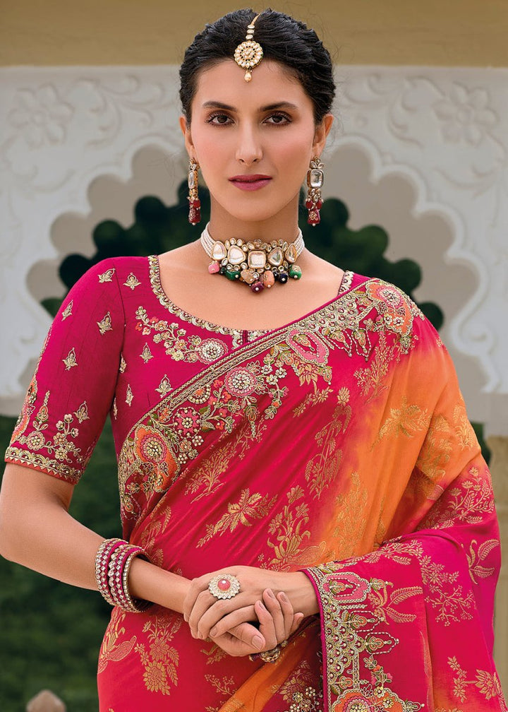 Pink & Orange Viscose Silk Saree with Intricate Cutwork & Embroidery - House of Sarvati LLC