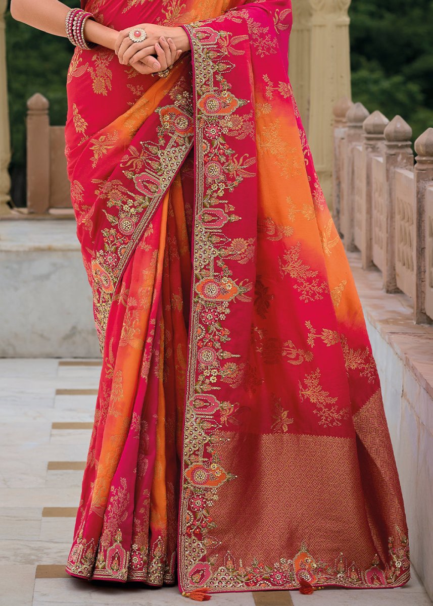 Pink & Orange Viscose Silk Saree with Intricate Cutwork & Embroidery - House of Sarvati LLC