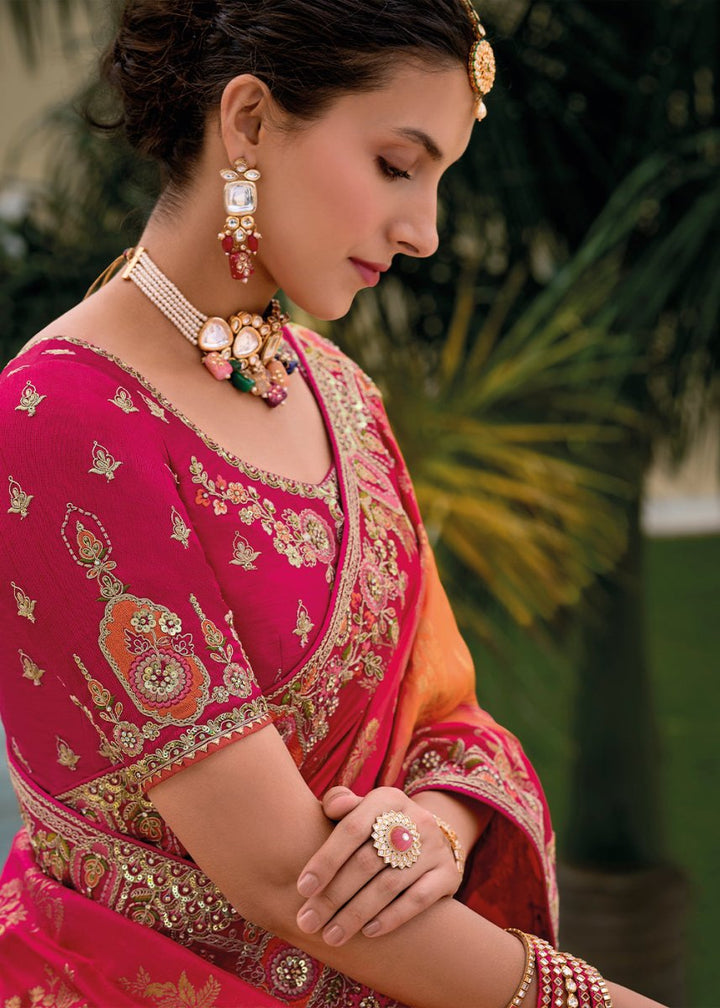 Pink & Orange Viscose Silk Saree with Intricate Cutwork & Embroidery - House of Sarvati LLC