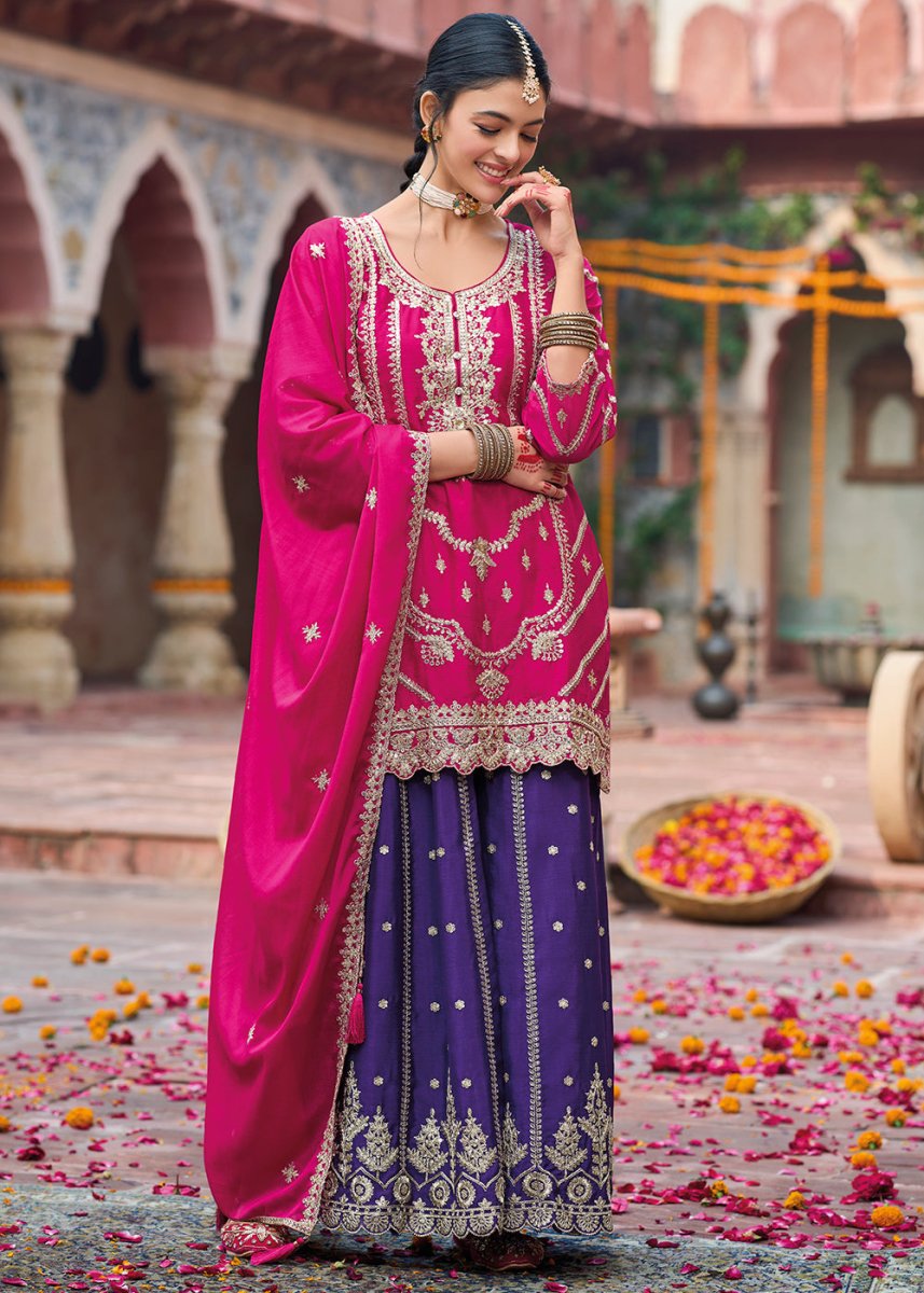Pink & Purple Dual - Tone Chinon Silk Palazzo Suit with Exquisite Embroidery - Eid Edition - House of Sarvati LLC