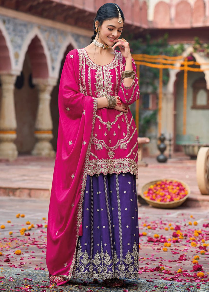 Pink & Purple Dual - Tone Chinon Silk Palazzo Suit with Exquisite Embroidery - Eid Edition - House of Sarvati LLC