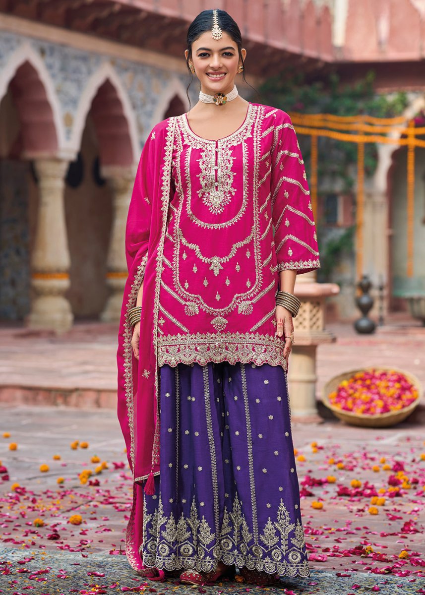 Pink & Purple Dual - Tone Chinon Silk Palazzo Suit with Exquisite Embroidery - Eid Edition - House of Sarvati LLC