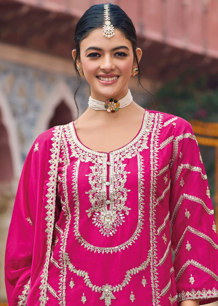 Pink & Purple Dual - Tone Chinon Silk Palazzo Suit with Exquisite Embroidery - Eid Edition - House of Sarvati LLC