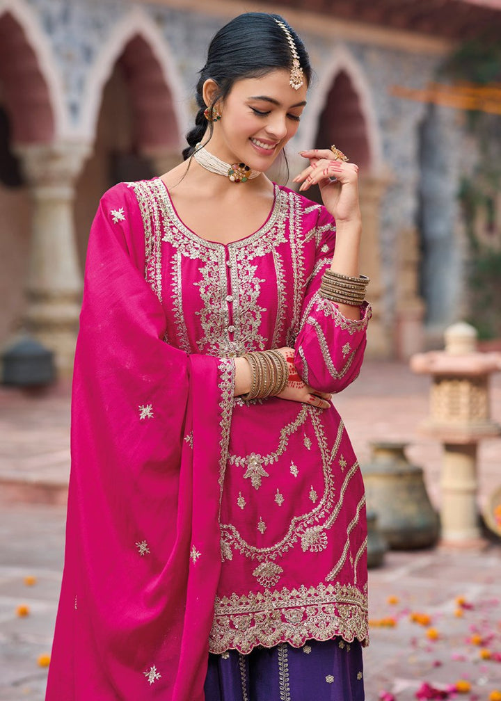 Pink & Purple Dual - Tone Chinon Silk Palazzo Suit with Exquisite Embroidery - Eid Edition - House of Sarvati LLC