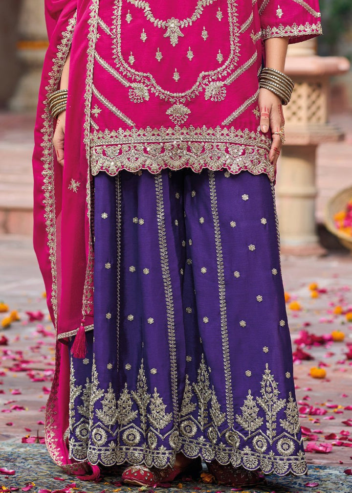 Pink & Purple Dual - Tone Chinon Silk Palazzo Suit with Exquisite Embroidery - Eid Edition - House of Sarvati LLC