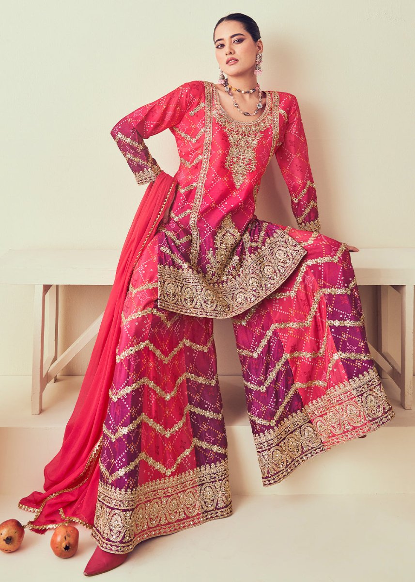 Pink & Purple Palazzo Suit with Chinon Silk, Mirror & Jarkan Embellishments - House of Sarvati LLC