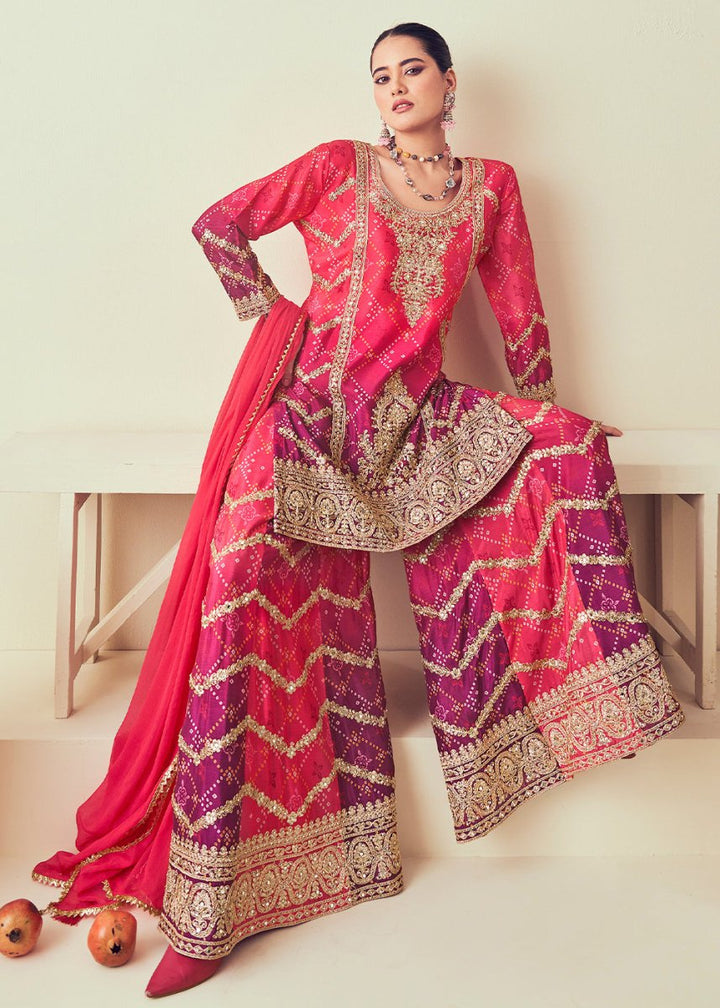 Pink & Purple Palazzo Suit with Chinon Silk, Mirror & Jarkan Embellishments - House of Sarvati LLC