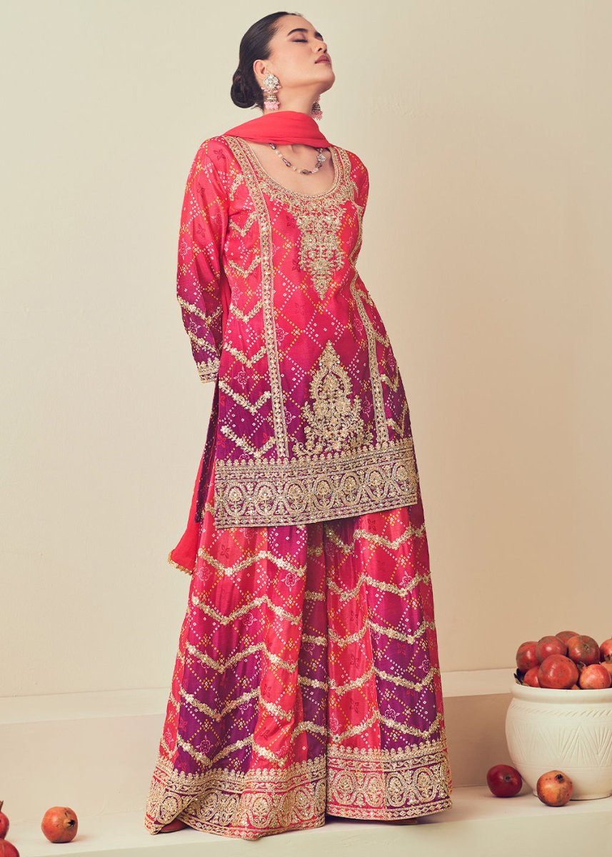 Pink & Purple Palazzo Suit with Chinon Silk, Mirror & Jarkan Embellishments - House of Sarvati LLC