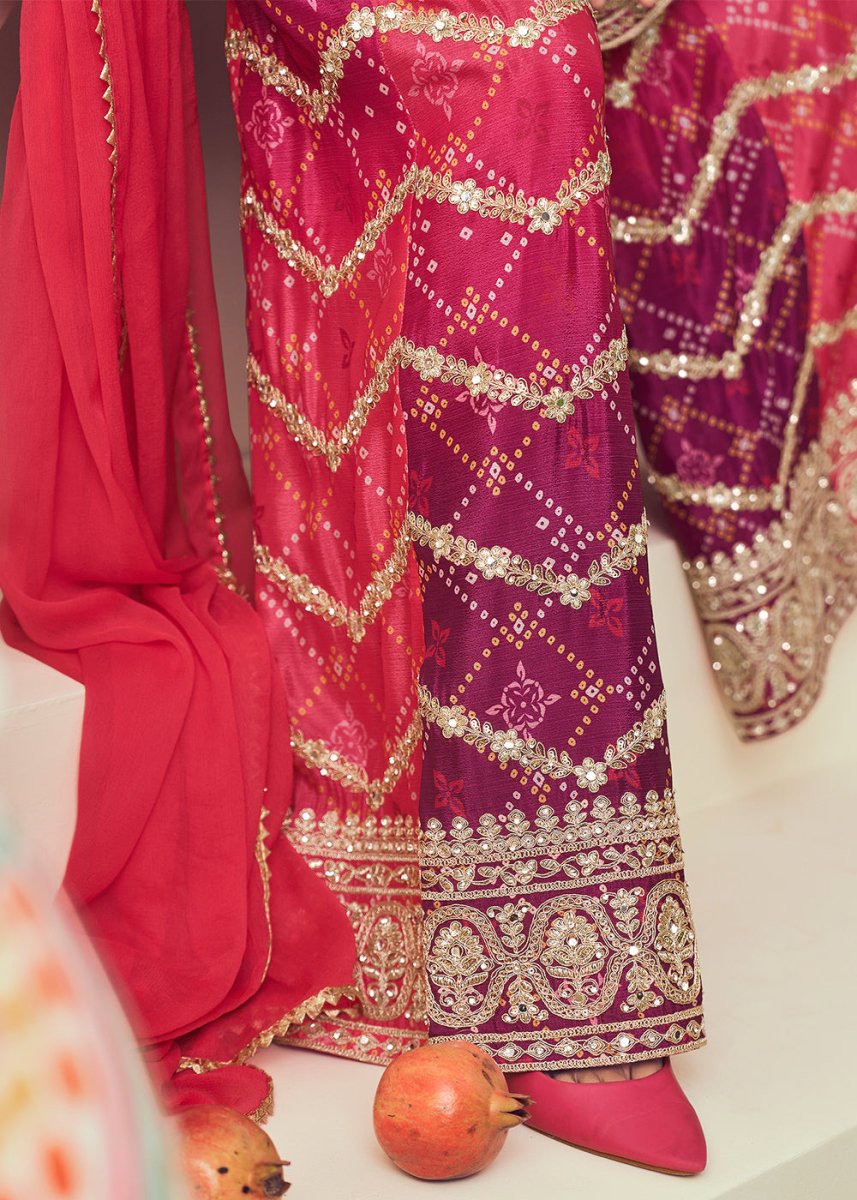 Pink & Purple Palazzo Suit with Chinon Silk, Mirror & Jarkan Embellishments - House of Sarvati LLC