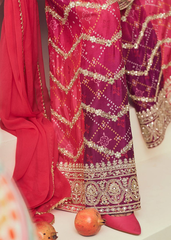 Pink & Purple Palazzo Suit with Chinon Silk, Mirror & Jarkan Embellishments - House of Sarvati LLC