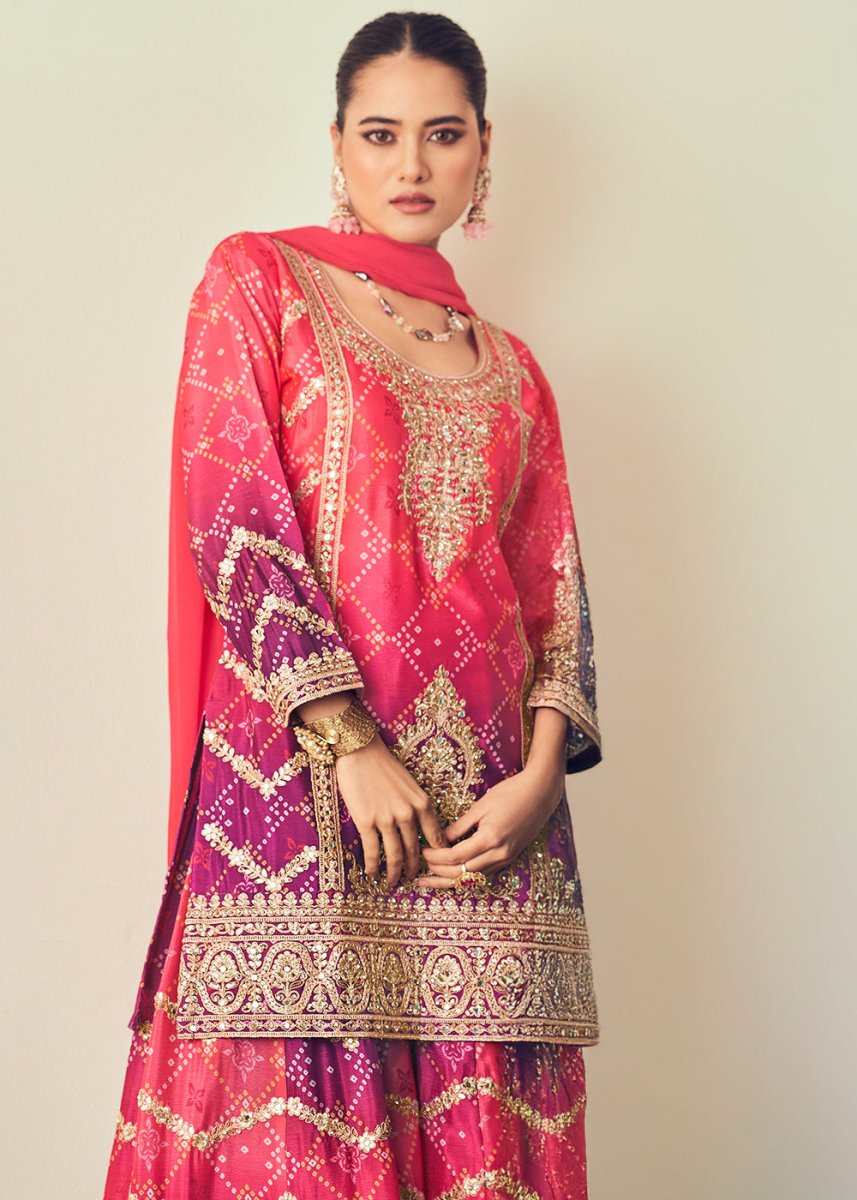 Pink & Purple Palazzo Suit with Chinon Silk, Mirror & Jarkan Embellishments - House of Sarvati LLC