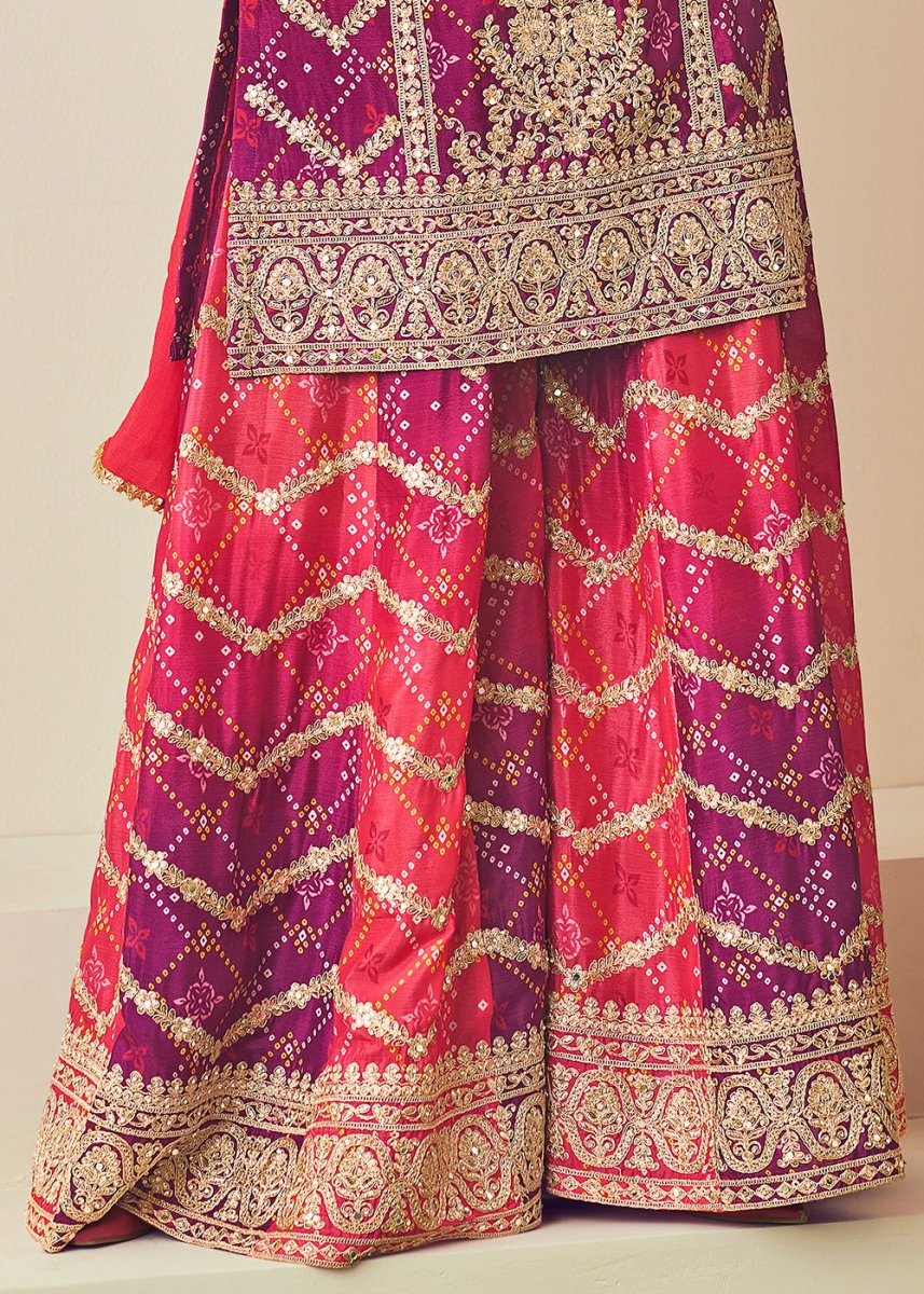 Pink & Purple Palazzo Suit with Chinon Silk, Mirror & Jarkan Embellishments - House of Sarvati LLC