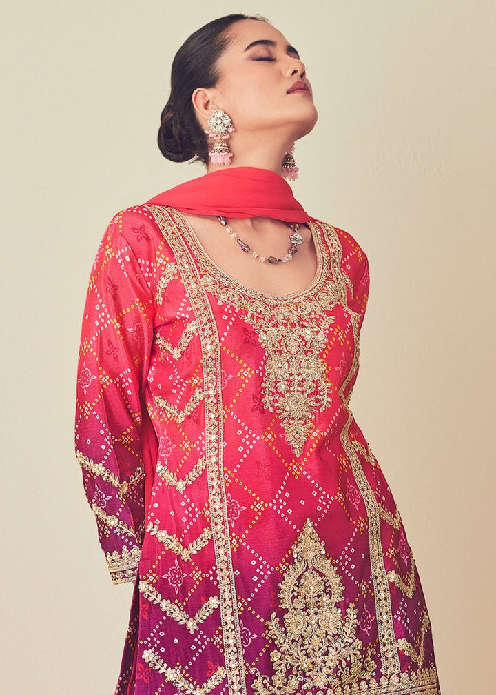 Pink & Purple Palazzo Suit with Chinon Silk, Mirror & Jarkan Embellishments - House of Sarvati LLC
