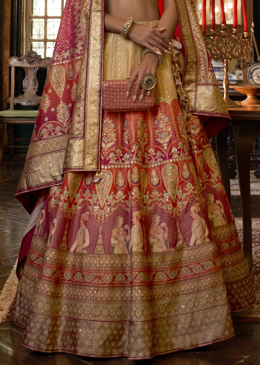 Pink & Red Embellished Rajwadi Silk Lehenga Choli with Aari Mirror Work - House of Sarvati LLC