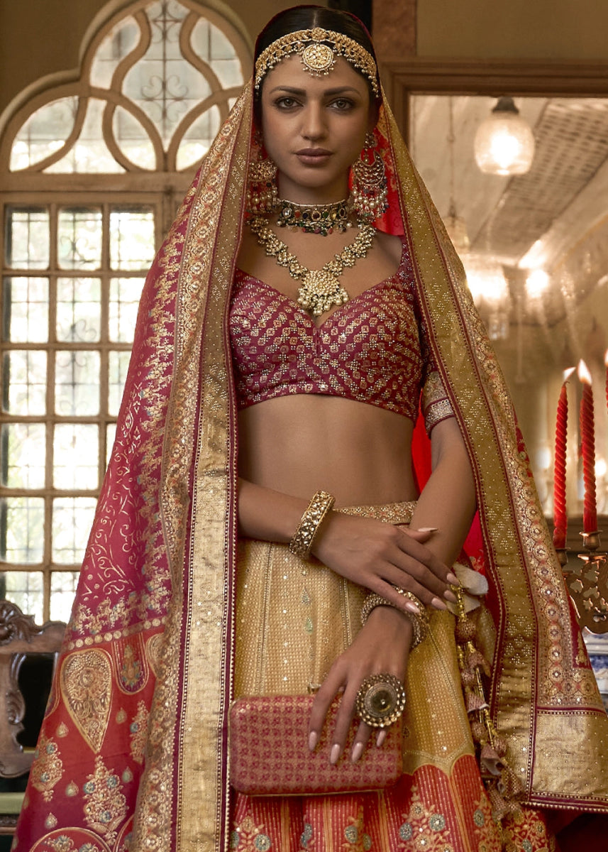Pink & Red Embellished Rajwadi Silk Lehenga Choli with Aari Mirror Work - House of Sarvati LLC