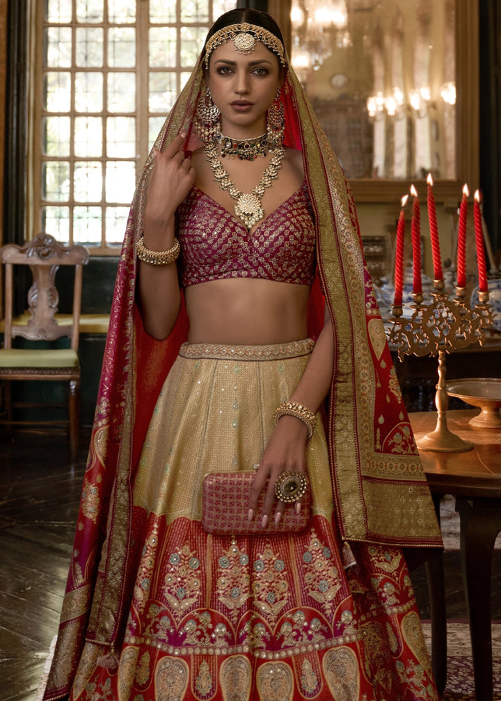 Pink & Red Embellished Rajwadi Silk Lehenga Choli with Aari Mirror Work - House of Sarvati LLC