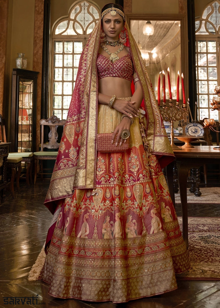 Pink & Red Embellished Rajwadi Silk Lehenga Choli with Aari Mirror Work - House of Sarvati LLC