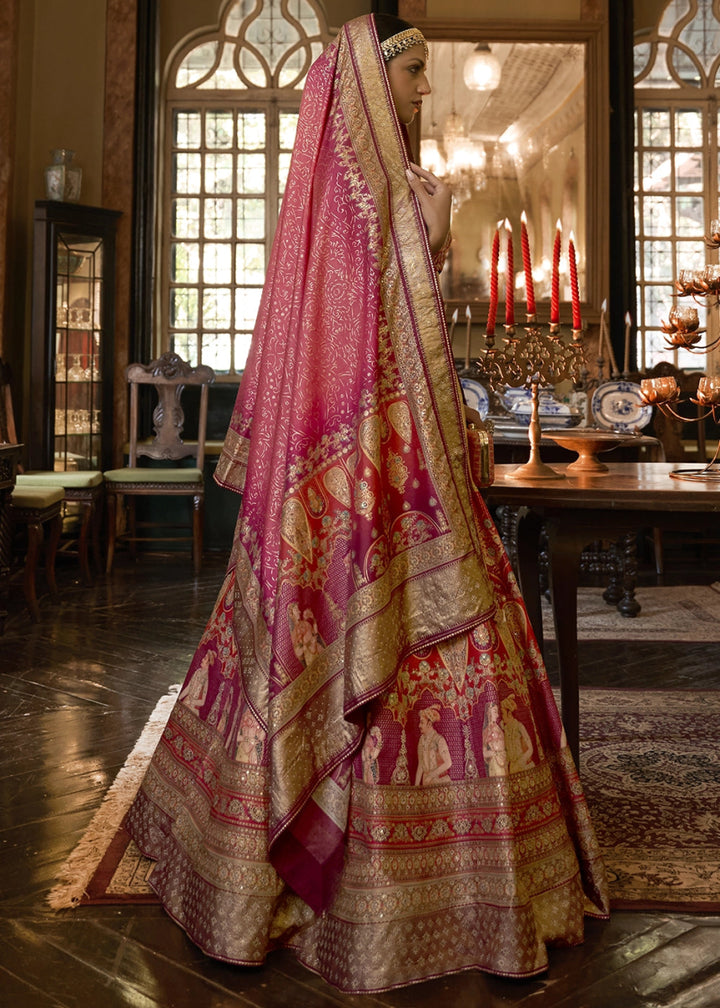 Pink & Red Embellished Rajwadi Silk Lehenga Choli with Aari Mirror Work - House of Sarvati LLC