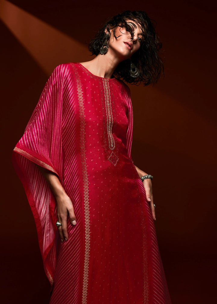 Pink & Red Printed Bandhani Viscose Silk Kaftan Set with Handcrafted Details - House of Sarvati LLC