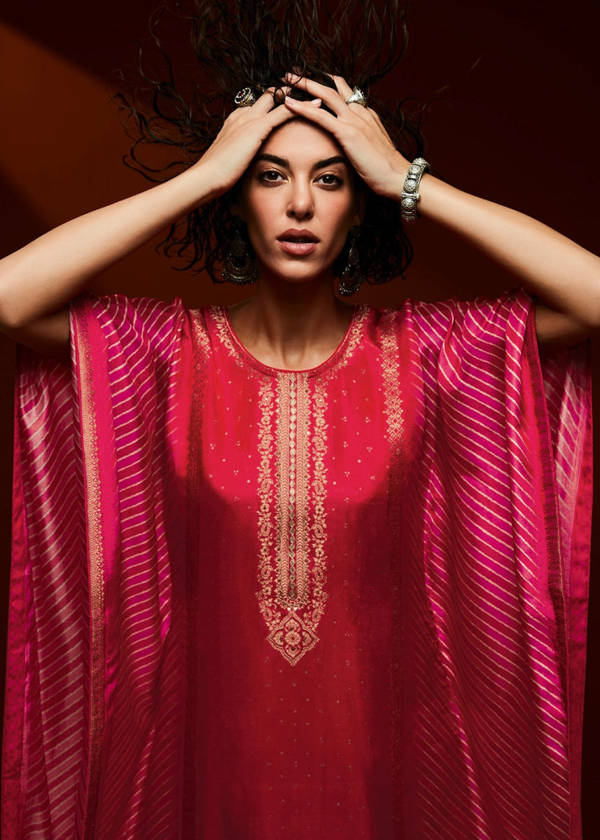 Pink & Red Printed Bandhani Viscose Silk Kaftan Set with Handcrafted Details - House of Sarvati LLC