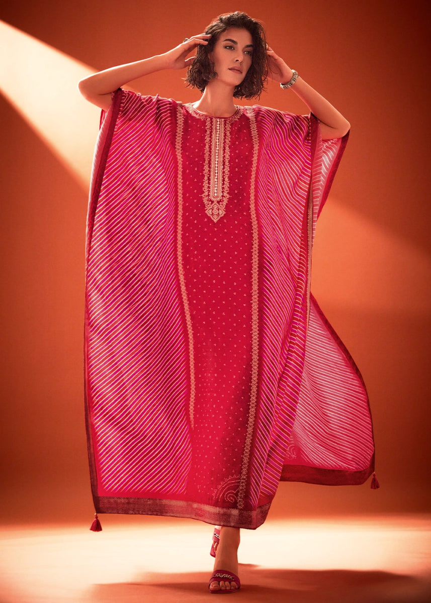 Pink & Red Printed Bandhani Viscose Silk Kaftan Set with Handcrafted Details - House of Sarvati LLC