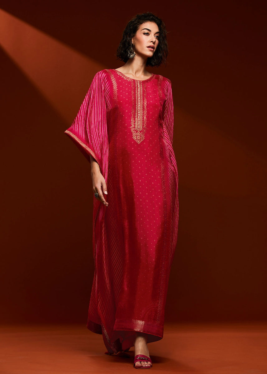 Pink & Red Printed Bandhani Viscose Silk Kaftan Set with Handcrafted Details - House of Sarvati LLC